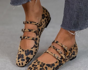 Chaussures plates pour femme en tissu léopard, mocassins pour femme, chaussures faites main, chaussures plates, chaussures de bureau, mocassins décontractés, talon plat, Mindy