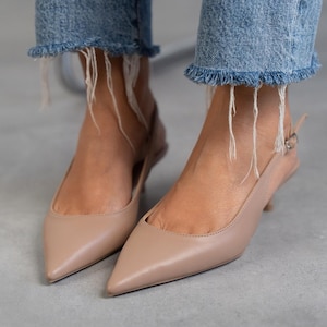 Vegan Faux Leather Slingback Shoes: Low Heel Pointed Toe