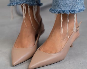 Skin Color Vegan Faux Leather Slingback Shoes: Low Heel Pointed Toe