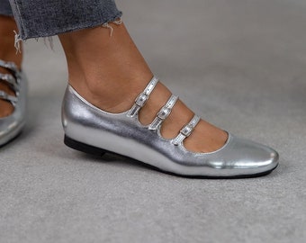 Silver Leather Woman Flat Shoes, Woman Loafer,Handmade Shoes,Flat Shoes, Office Shoes,Casual loafers, flat heel, Mindy