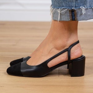 Black Vegan Leather,two tone elegance pumps,round toe slingback,closed toe slingback,block heel,luxury pumps,woman shoes,Nella