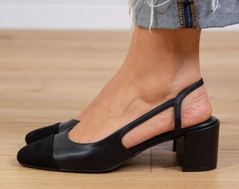 Black Vegan Leather,two tone elegance pumps,round toe slingback,closed toe slingback,block heel,luxury pumps,woman shoes,Nella