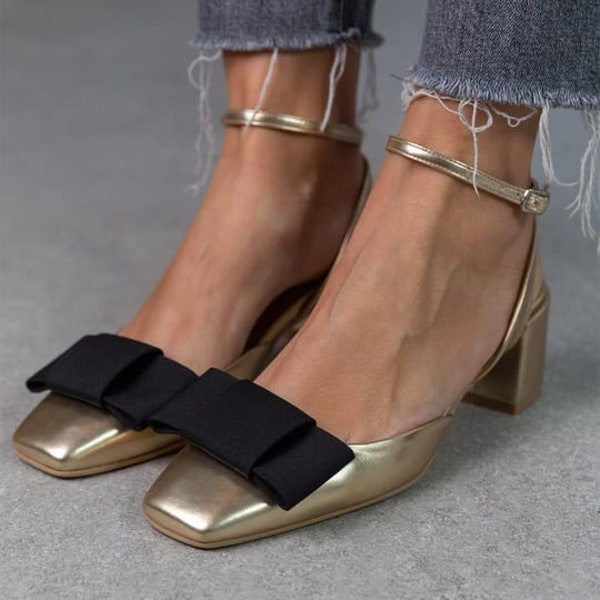 Gold Vegan Leather,two tone elegance pumps,round toe slingback,closed toe slingback,block heel,luxury pumps,woman shoes,woman flats,Adel