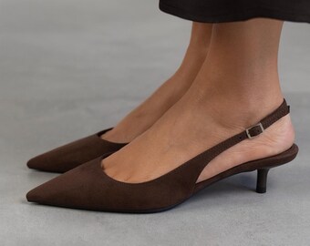 Brown Vegan Suede Slingback Heels: Pointed Toe Evening Sandals