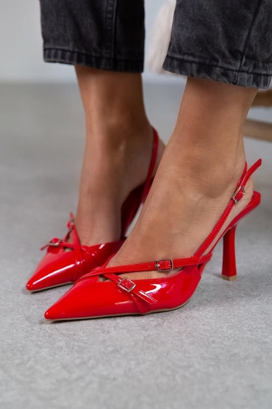 Red Patent Leather Open Toe Heels