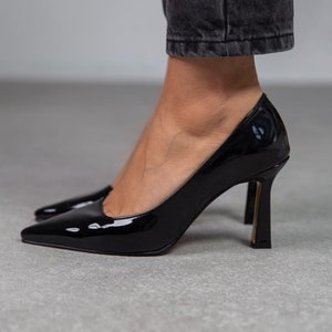 Black Patent Leather High Heels Sandals,Handmade Shoes,work pumps,ankle strap heels,stiletto,handmade stylish shoes, evening sandals, Anett
