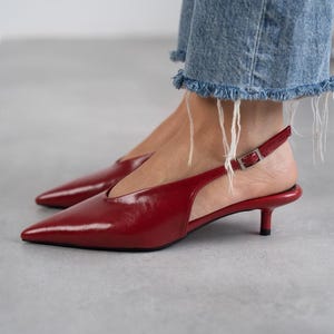 Red Vegan Faux leather,Low Heels Shoes,vegan leather,pointed toe shoes,Slingback Closed Toe,Ankle strap shoes,Evening shoes,Dalia