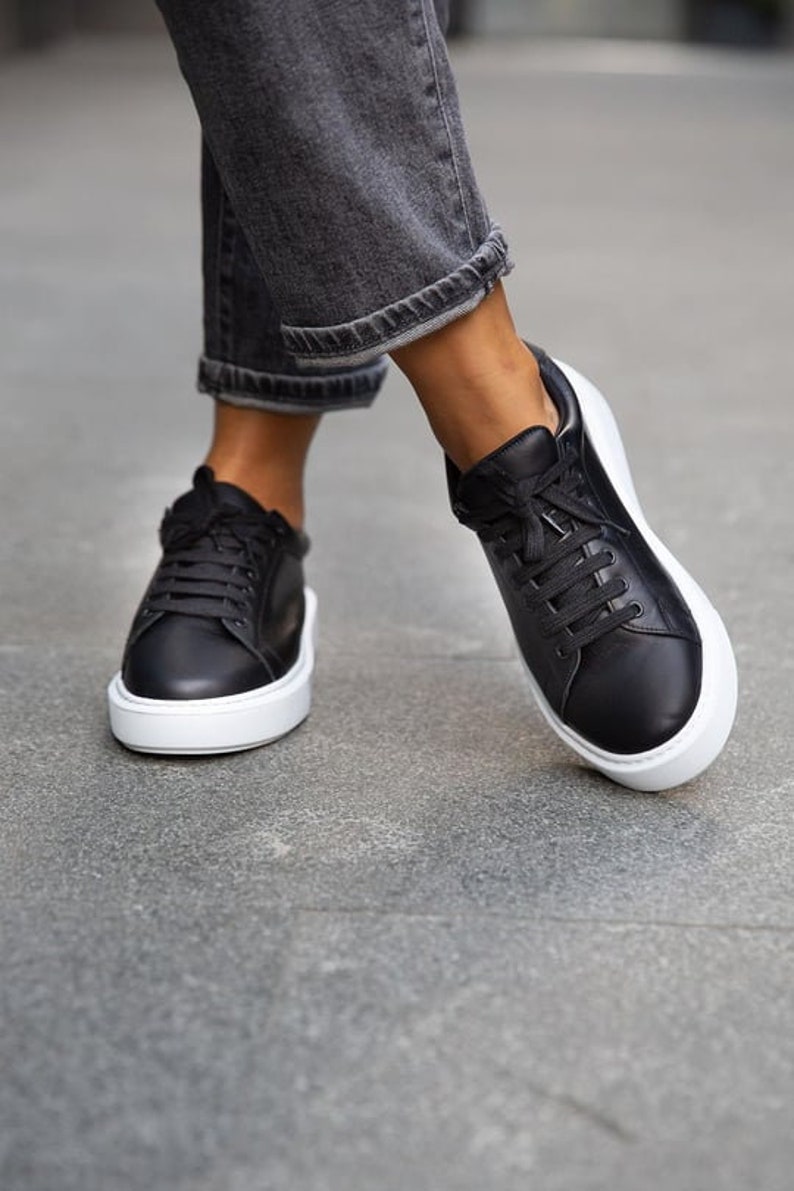 Black Genuine Leather Woman Sneakers,sport shoes,sport sneakers, Handmade Shoes,Derby Shoes, Office Shoes,Casual Sneakers, Casual Shoes, Way image 8