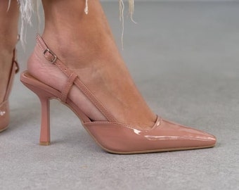 Salmon patent leather High Heels Sandals,Handmade Shoes,point toe sandal,ankle strap heels,herringbone pattern, evening sandals, Zeta