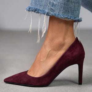 Burgundy Suede Genuine Leather High Heels Sandals, Point Toe,Work pumps,stiletto,ankle strap heels, evening sandals,Lara