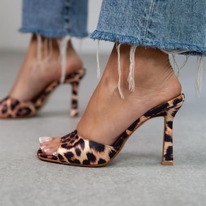 Leopard Beige Satin Fabric Woman High Heels Slippers, woman slippers,open toe sandals,handmade shoes,handmade slippers, summer shoes, Tracy