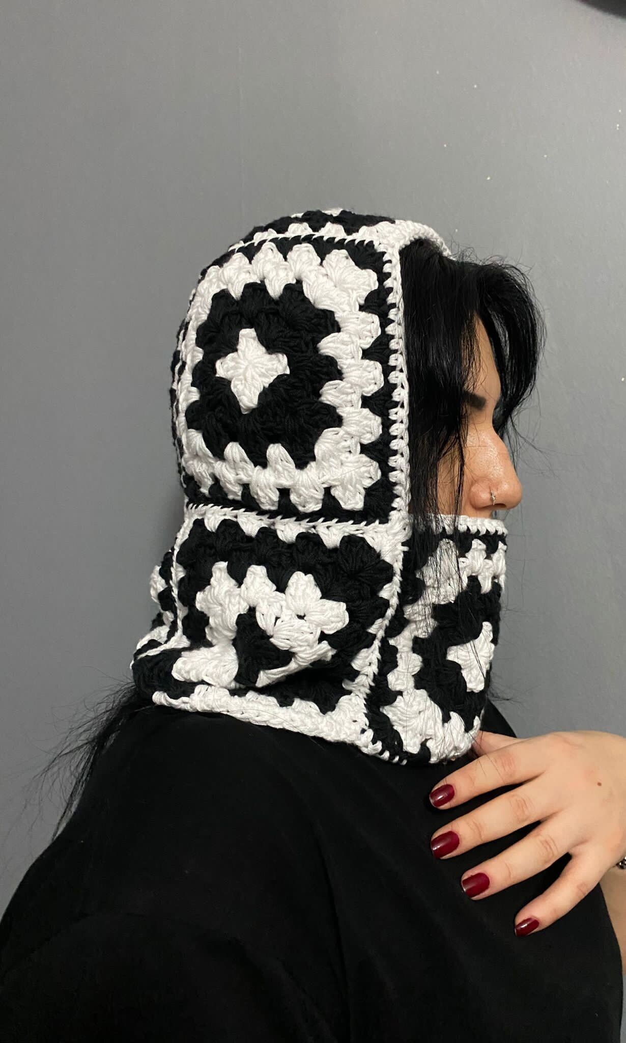 Crochet Balaclava: Black & White Granny Square Cotton Ski Mask