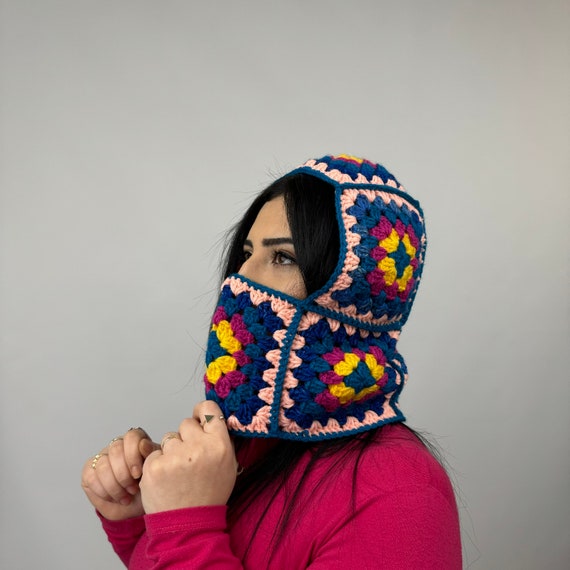 New Crochet Handmade Balaclava Granny Square Blue Purple hat beanie head warmer Handmade Crochet Balaclava: Granny Square Winter Hat - Etsy main image 4