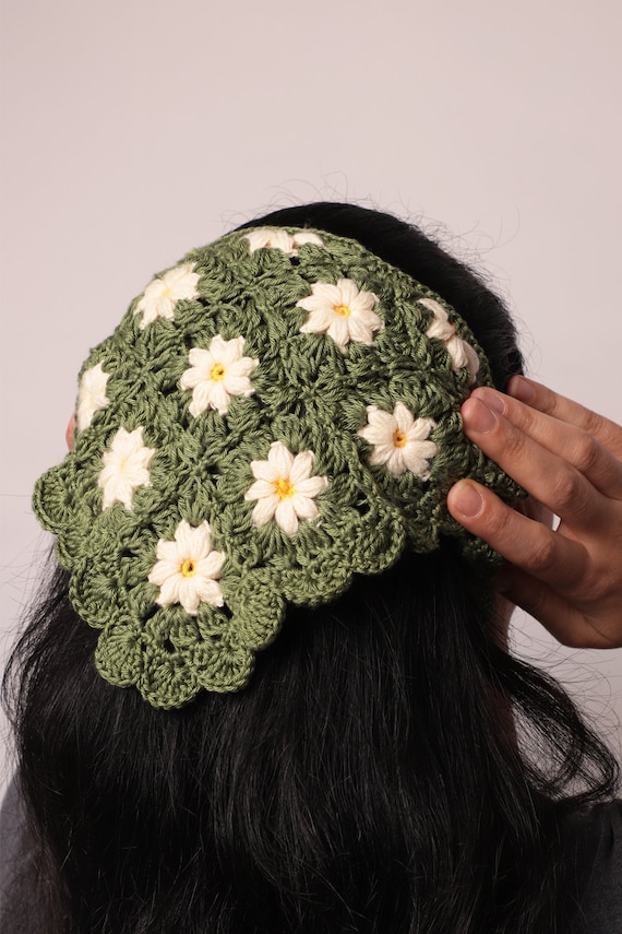 Womens Green Crochet Bandana Crochet Bandana, Boho Hair Scarf, Retro Bandana, Hair  main image 4