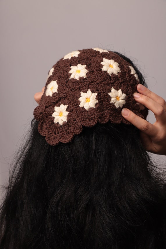 Boho Daisy Floral Crochet Handkerchief Headband Daisy Baby Blue Crochet Bandana, Flower Hair Kerchief, Boho  main image 2