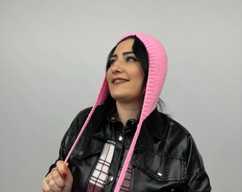 Hand-Knitted Pink Bow Tie Bonnet: Unisex Winter Balaclava