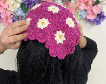 Daisy Crochet Bandana: Purple Flower Hair Kerchief, Boho Head Scarf