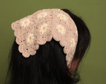 Daisy Beige Crochet Bandana, Flower Hair Kerchief, Boho Hair Scarf, Retro Head Band, Crochet Hair Accessory