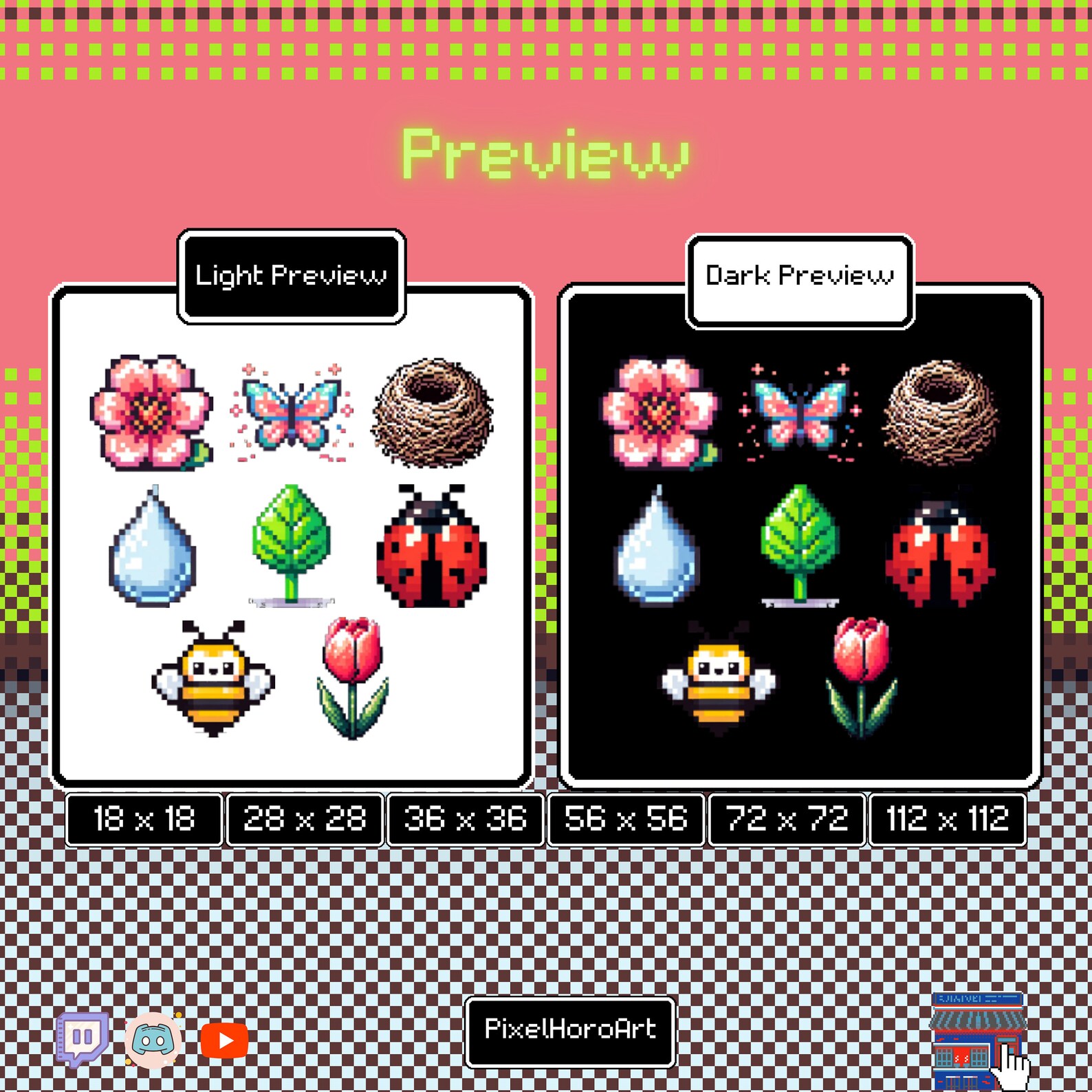 Cute Spring Theme Pixel Art Style Sub, Bid, Emotes Badge for Twitch and ...