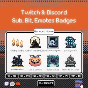 Haunted House Theme Pixel Art Style Sub, Bid, Emotes Badge for Twitch and Discord PNG Files with Extra SVG Files Total 56 Files - Set 2
