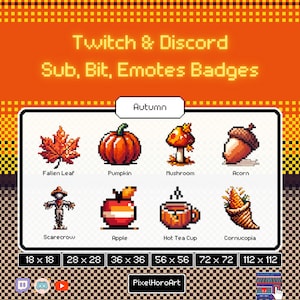 May include: A set of 8 pixel art emotes for Twitch and Discord featuring autumn themes. The emotes include a fallen leaf, pumpkin, mushroom, acorn, scarecrow, apple, hot tea cup, and cornucopia. The emotes are available in various sizes, ranging from 18x18 to 112x112 pixels.