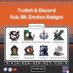 Haunted House Theme Pixel Art Style Sub, Bid, Emotes Badge for Twitch and Discord PNG Files with Extra SVG Files Total 56 Files