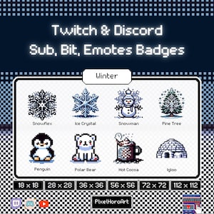 Może przedstawiać: Zestaw zimowych emotikonów w stylu pixel art dla Twitch i Discord. Emotikony obejmują płatek śniegu, kryształ lodu, bałwana, sosnę, pingwina, niedźwiedzia polarnego, gorącą czekoladę i igloo. Emotikony są dostępne w różnych rozmiarach, od 18x18 pikseli do 112x112 pikseli.
