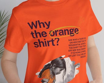May include: Orange t-shirt with the text "Why the orange shirt?" and a graphic of a girl. The shirt also includes text about residential schools and lost culture. The shirt is a vibrant orange color.