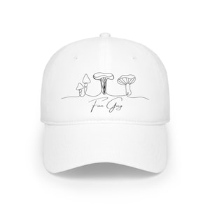 May include: White baseball cap with a black line drawing of three mushrooms and the text "Fun Guy" on the front.