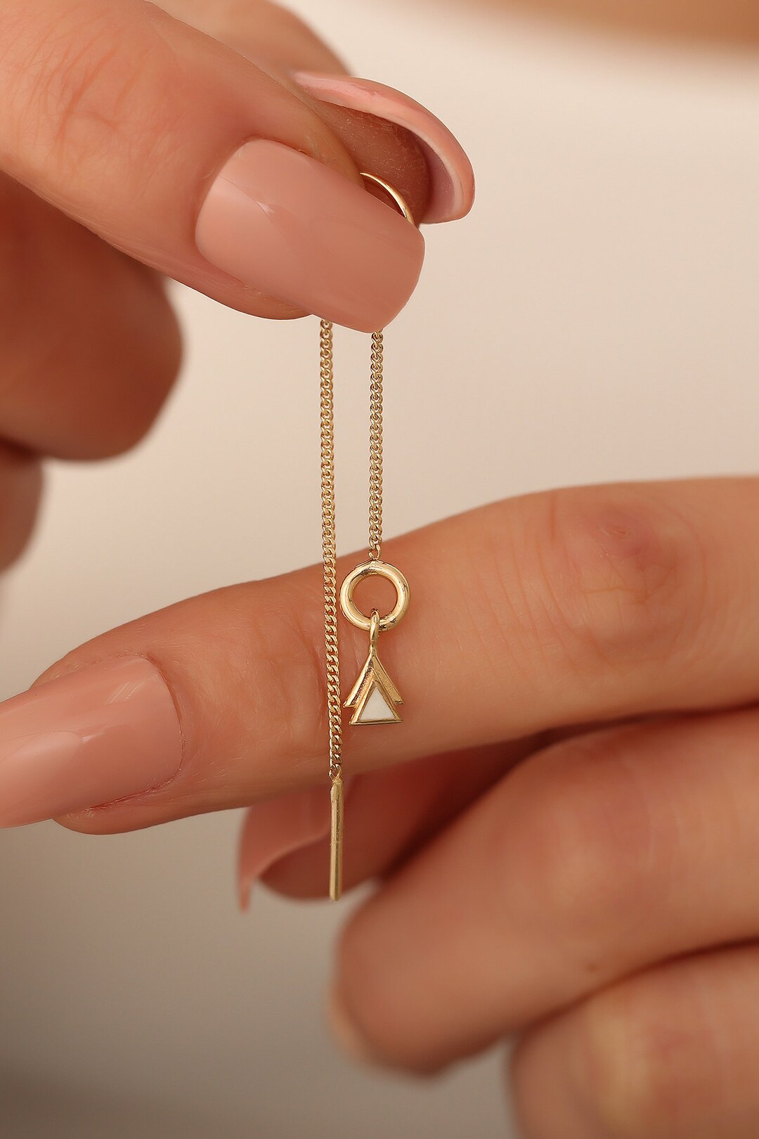 14K Solid Gold Triangle Threader Earrings/long Chain Threader Earrings /triangle Earrings