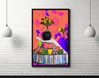 surreal art, collage art wall, fruit wall art, kitchen, botanical wall art, burnt orange wall art , print, DIGITAL download, home decor.