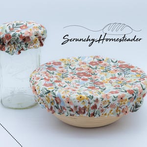Floral Bowl Cover and Jar Cap - Washable - Cotton - Lined - Sourdough - KitchenAid -  Scrunchy Homesteader - XL size Gift