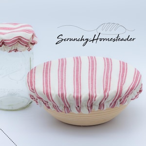 Red Stripe Bowl Cover and Jar Cap set - Washable - Cotton - Lined - Sourdough - KitchenAid -  Scrunchy Homesteader Gift Linen-like