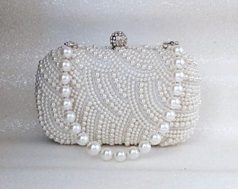Ivory Pearl Clutch Bag: Bridal Wedding Purse with Silver Hardware