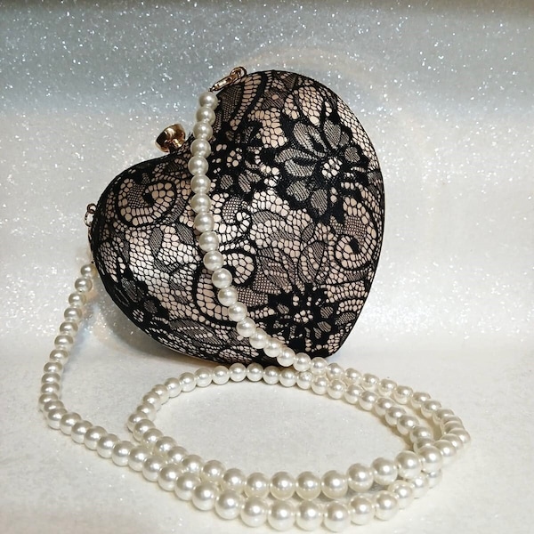 Vintage-inspired Gothic Heart Shaped Ivory Satin And Black Lace Clutch Bag With Gold Hardware - Unique Accessory For Gothic Bride