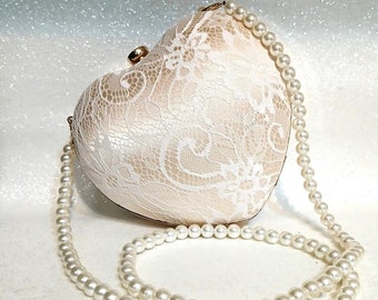 Vintage-inspired Heart Shaped Ivory Satin And White Lace Clutch Bag With Gold Hardware - Unique Accessory For Bride Or Bridesmaid