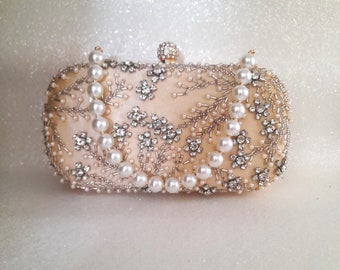 Embroidered Gold Champagne Evening Clutch Bag,Beaded Satin Wedding Purse With Pearls And Crystals,Bridal Handbag With Pearl Handle
