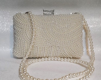 Elegant Ivory Pearl Clutch Bag with Silver Hardware - Perfect for Brides or Bridesmaids