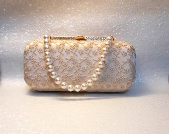 Elegant Champagne Embroidered Satin Evening Clutch Bag - Perfect for Weddings and Parties