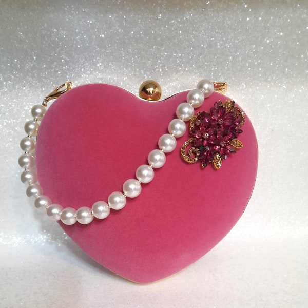 Glamorous Pink Velvet Heart Shape Evening Clutch Bag - Gold Hardware Accent