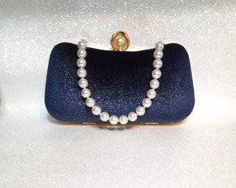 Navy Blue Velvet Clutch Bag With Pearl Handle