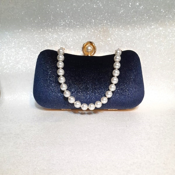 Navy Blue Velvet Clutch Bag With Pearl Handle