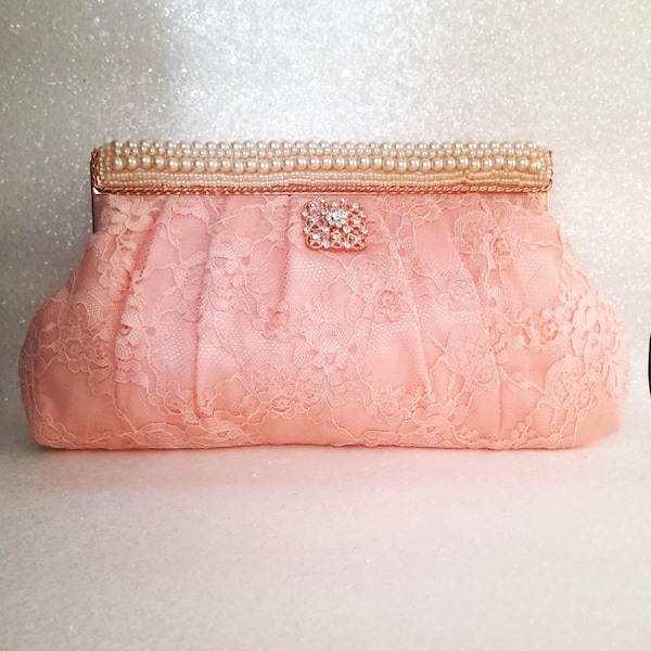 Vintage-Inspired Peach Pink Lace Bridal Clutch Bag,Evening Handbag With Pearls And Rose Gold Hardware,Purse For Wedding