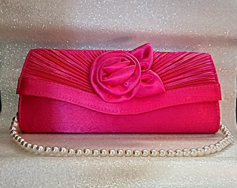 Vintage-Inspired Fuchsia Satin Bridal Clutch: Pearl Handle, Silver Chain