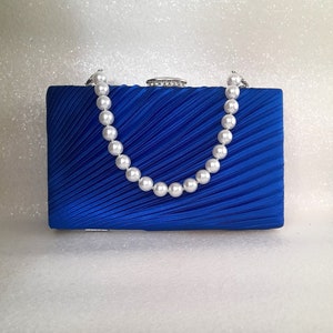 Glamorous Royal Blue Satin Clutch Bag with Pearl Handle - Perfect for Evening Events