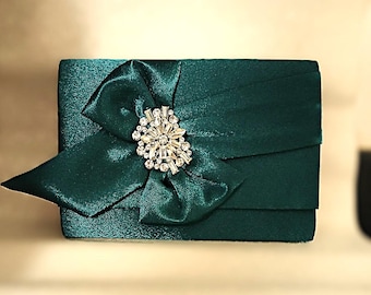 Emerald Green Satin Bridal Clutch: Brooch Embellished Evening Handbag