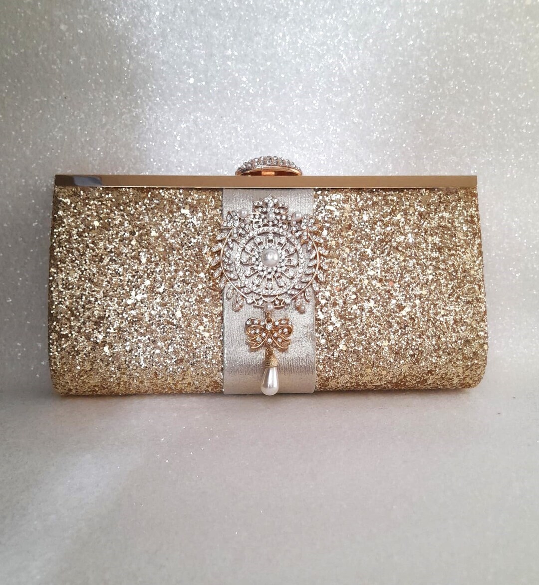Women's Gold Glitter Clutch Bag Evening Purse With Detachable Chain - Wedding Bridal