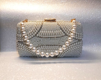 Elegant Ivory Pearl Clutch Bag with Crystals And Pearl Handle