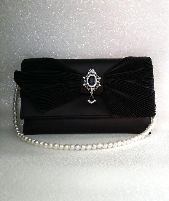 Envelope Black Evening Clutch Bag For Bride Or Bridesmaid Satin Purse For Formal Event Wedding Handbag With Long Pearl Handle Etsy