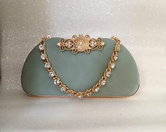 Sage Green Velvet Clutch Bag: Crystal Handle Wedding Purse